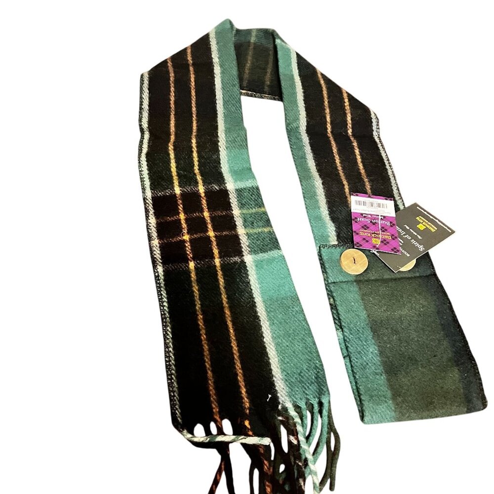 Patrick King Woollen Company tartan Button Scarf Green Plaid Wool Scottish‎